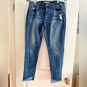 Joe’s jeans, medium wash, distressed with frayed hem skinny jeans.